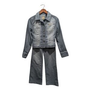 Vintage Lady Enyce Distressed Denim Jacket 90s Y2K Bootcut Jean Suit Set, M/28